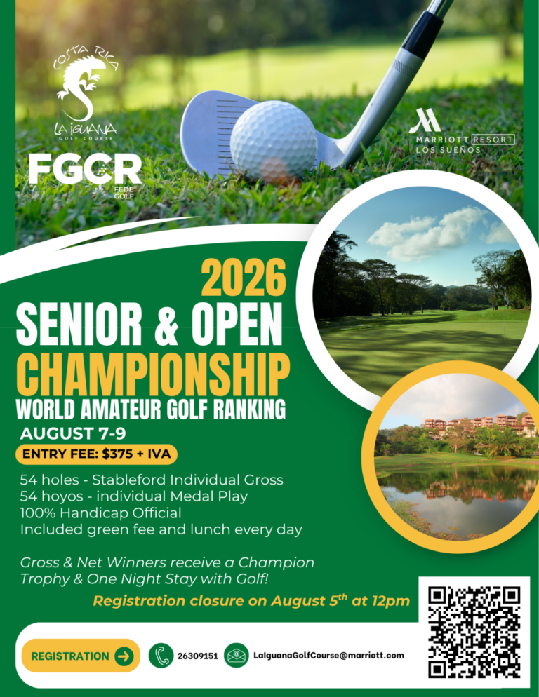 Close-up of a golf club and ball on grass with scenic views of La Iguana Golf Course and resort buildings, promoting the 2026 Senior & Open Championship in Costa Rica.